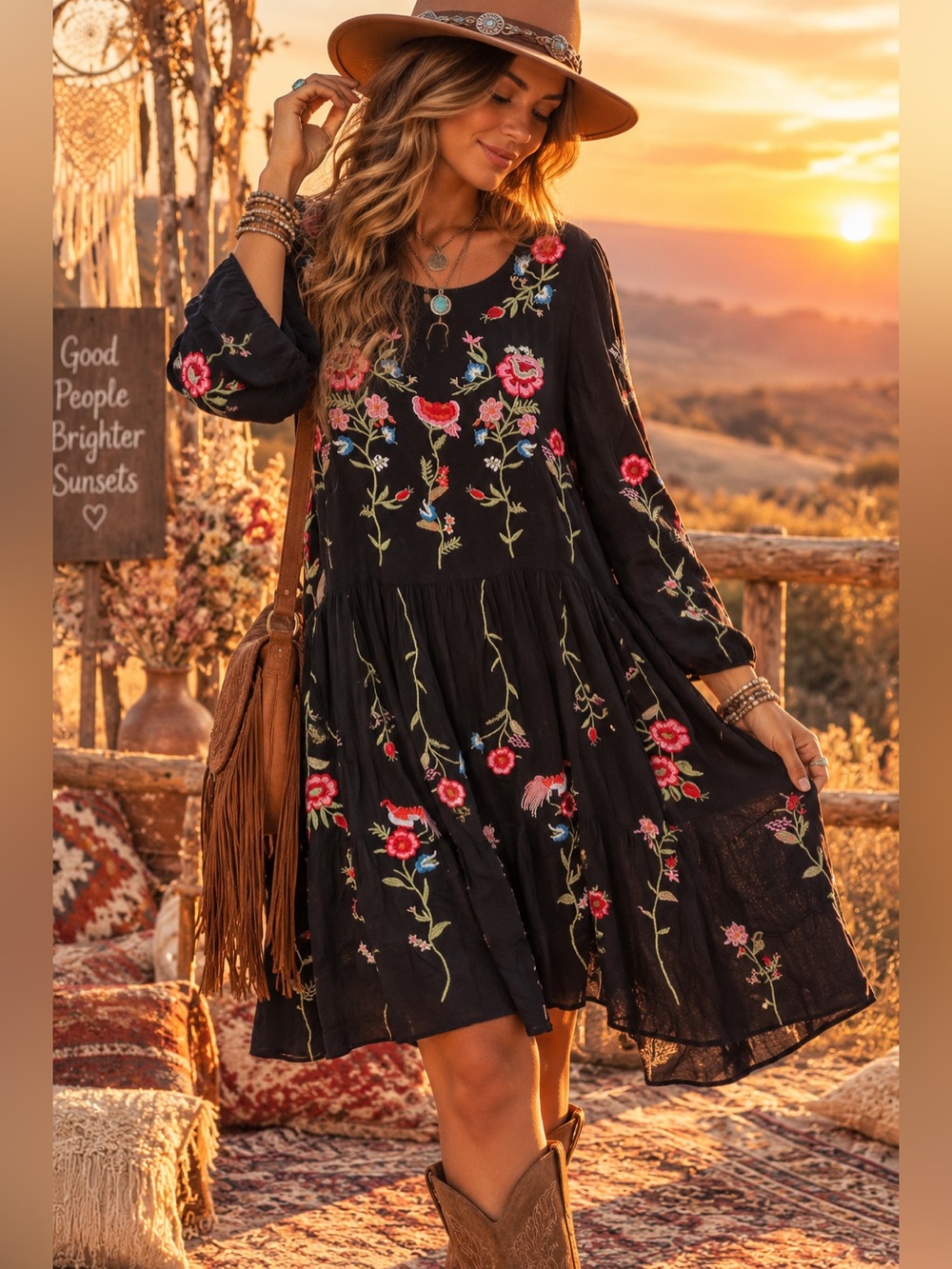 Anthropologie Maeve Black Mini Dress with Pink Floral Embroidery size M